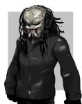  1boy alien chillarism jacket male_focus no_humans predator predator_(movie) sharp_teeth solo teeth 