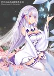  1girl blush braids dress emilia_(re:zero) long_hair re:zero_kara_hajimeru_isekai_seikatsu thighhighs veil violet_eyes white_hair 