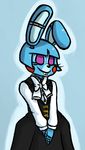  2015 animatronic anthro blue_background bow_tie buckteeth clothed clothing crossdressing dress eyes_closed five_nights_at_freddy&#039;s five_nights_at_freddy&#039;s_2 inkyfrog lagomorph machine male mammal rabbit robot simple_background smile solo teeth toy_bonnie_(fnaf) video_games 