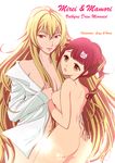  blonde_hair blush braid breasts brown_eyes commentary_request hair_ornament highres large_breasts long_hair multiple_girls naked_shirt navel nude poifuru_hana red_hair shikishima_mirei shirt smile tokonome_mamori twin_braids valkyrie_drive valkyrie_drive_-mermaid- very_long_hair yuri 