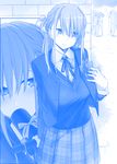  bangs blue blush breasts building check_commentary commentary_request diploma flower getsuyoubi_no_tawawa graduation himura_kiseki large_breasts long_hair maegami-chan_(tawawa) monochrome pleated_skirt ribbon school_uniform scroll serafuku shirt skirt solo tree vest zoom_layer 