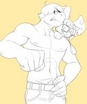  anthro male muscular navel nipples plushie polywomple pubes restricted_palette scalie solo standing 