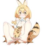  animal_ears bare_shoulders barefoot blonde_hair blush bow bowtie breasts commentary feet full_body kemono_friends looking_at_viewer medium_breasts mouth_hold n_(n45987607) serval_(kemono_friends) serval_ears serval_print serval_tail short_hair simple_background skirt sleeveless solo tail underboob white_background 