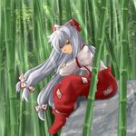  :/ ao-shiba arm_rest armband bamboo bamboo_forest boots crossed_arms day forest frown fujiwara_no_mokou hair_between_eyes hair_ribbon knees_up leaning_forward light_rays long_hair long_sleeves looking_at_viewer low-tied_long_hair nature ofuda outdoors pants red_eyes red_footwear ribbon silver_hair sitting_on_rock solo sunbeam sunlight suspenders touhou very_long_hair 