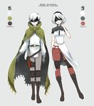  1girl anemone_(nier_automata) anemone_(nier_automata)_(cosplay) belt blindfold boots breasts character_name cloak color_guide cosplay english fabric gloves grey_background hira_(otemoto84) knee_boots knee_pads long_sleeves medium_breasts midriff mole mole_under_mouth nier_(series) nier_automata pale_skin pants popola popola_(cosplay) pouch short_hair short_sleeves smile standing text_focus thigh_strap white_hair yorha_no._2_type_b yorha_no._9_type_s 