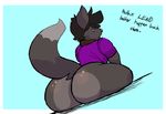  2016 anthro black_hair bottomless butt canine clothed clothing collar dialogue dusty-pixels english_text fox fur grey_fur hair looking_at_viewer looking_back male mammal open_mouth phurcy purple_eyes raised_tail shirt simple_background sitting solo text 