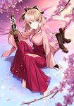  ahoge arm_guards bangs barefoot black_bow blonde_hair blurry blush boots boots_removed bow breasts brown_footwear cherry_blossoms closed_mouth cross-laced_footwear depth_of_field eyebrows_visible_through_hair fate_(series) full_body grey_eyes hair_between_eyes hair_bow hakama half_updo high_heel_boots high_heels highres holding holding_sword holding_weapon japanese_clothes jh katana kimono knees_up koha-ace lace-up_boots looking_at_viewer medium_breasts okita_souji_(fate) okita_souji_(fate)_(all) outdoors petals petals_on_liquid pink_kimono pleated_skirt ponytail purple_skirt red_hakama sheath sheathed shoes_removed sitting skirt smile solo sword tsurime water weapon 