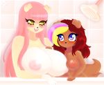  anthro bathtub blush breasts brown_fur female fur hair inverted_nipples lucille_lilac nipples pink_hair razplus shower size_difference smile 