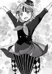  arms_up bad_id bad_pixiv_id blush bow breasts checkered coattails greyscale hair_ornament hairclip happy hat jpeg_artifacts kagamine_rin looking_at_viewer monochrome open_mouth pantyhose project_diva_(series) sailor_collar short_hair simple_background skirt smile solo sparkling_eyes standing star starry_background striped striped_legwear vertical-striped_legwear vertical_stripes vocaloid 
