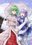  alternate_eye_color apron bangs blue_eyes blue_shirt blue_skirt boots breasts capelet coat english eyebrows_visible_through_hair frilled_umbrella gloves green_hair hair_between_eyes hat kazami_yuuka large_breasts layered_clothing leg_up letty_whiterock long_skirt long_sleeves looking_at_another multiple_girls one_eye_closed orange_eyes parted_lips polearm pom_pom_(clothes) purple_gloves purple_hair red_skirt rubber_boots shared_umbrella shiny shiny_hair shiny_skin shirt skirt standing standing_on_one_leg taut_clothes taut_shirt teeth touhou trident umbrella waist_apron weapon white_footwear white_hat white_shirt winter winter_clothes winter_coat y2 