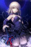  artoria_pendragon_(all) blonde_hair breasts dark_excalibur dark_persona detached_sleeves dress fate/grand_order fate/stay_night fate_(series) hisahisahisahisa md5_mismatch medium_breasts night night_sky revision saber_alter sky solo sword thighhighs weapon yellow_eyes 