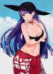  :p bikini breasts choker cleavage closed_mouth earrings fate/grand_order fate_(series) hat jewelry large_breasts long_hair miyako_(xxxbibit) purple_hair revision saint_martha saint_martha_(swimsuit_ruler)_(fate) sarong smile solo swimsuit tongue tongue_out 