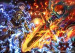  arm_guards armads armor axe battle_axe blue_hair cape company_connection copyright_name dragon durandal_(fire_emblem) electricity eliwood_(fire_emblem) fingerless_gloves fire fire_emblem fire_emblem:_rekka_no_ken fire_emblem_cipher gauntlets gloves hector_(fire_emblem) holding holding_weapon horseback_riding huge_weapon looking_at_viewer looking_back male_focus multiple_boys official_art red_hair riding short_hair smile suzuki_rika sword weapon 