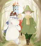  alternate_hair_color azebra-was-here backpack bag blonde_hair blue-framed_eyewear blue_eyes boots brown_eyes brown_hair castle cosplay cross-laced_footwear forest glasses hair_bun hands_in_pockets hat highres katsuki_yuuri lace-up_boots little_my little_my_(cosplay) male_focus moomin moomintroll multiple_boys nature scarf silver_hair snufkin snufkin_(cosplay) tree viktor_nikiforov walking yuri!!!_on_ice yuri_plisetsky 