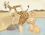  anthro bathing bent_over big_breasts big_butt breasts butt duo feline female female/female giraffe green_eyes lion mammal nipples outside pussy r-rova wide_hips yellow_eyes 
