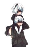  1girl :3 bad_id bad_pixiv_id black_blindfold black_gloves black_legwear blindfold buttons carrying commentary_request covered_eyes elbow_gloves embarrassed feather-trimmed_sleeves gloves leotard leotard_peek long_sleeves nier_(series) nier_automata oh_(torisanwww) open_mouth puffy_sleeves short_hair shoulder_carry simple_background standing sweatdrop thighhighs wavy_mouth white_background white_gloves white_hair white_leotard yorha_no._2_type_b yorha_no._9_type_s 