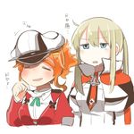  =_= aquila_(kantai_collection) blonde_hair blue_eyes graf_zeppelin_(kantai_collection) hair_ornament hairclip hat high_ponytail kantai_collection lowres multiple_girls no_nose open_mouth orange_hair peaked_cap rebecca_(keinelove) sidelocks translated twintails upper_body 