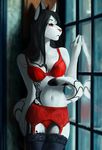  5_fingers angiewolf anthro black_hair breasts cat clothing eyelashes feline female hair mammal midriff navel pink_nose red_eyes solo standing underwear window 