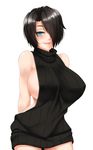  areola_slip areolae backless_outfit bare_shoulders black_hair black_sweater blue_eyes blush breasts covered_nipples cowboy_shot dress hair_over_one_eye halterneck highres huge_breasts looking_at_viewer meme_attire naked_sweater open_mouth original ribbed_sweater saya_(twrlare) short_hair sideboob smile solo sweater sweater_dress turtleneck turtleneck_sweater twrlare virgin_killer_sweater white_background 