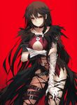  ass_visible_through_thighs asymmetrical_clothes bandaged_arm bandages belt black_choker black_hair braid breasts brown_eyes cape choker collarbone highres leaning_forward long_hair medium_breasts red_background revision shorts simple_background solo tales_of_(series) tales_of_berseria torn_clothes vambraces velvet_crowe zen_o 