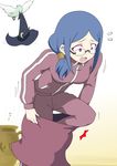  bird blue_hair commentary_request dressing glasses gobanme_no_mayoi_neko hat highres little_witch_academia long_hair open_mouth purple_eyes shocked_eyes solo track_suit tripping ursula_charistes witch_hat 