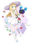  absurdres bag bangs bare_arms bare_shoulders blonde_hair blunt_bangs blush boots braid breasts chitetan closed_mouth copyright_name cosmog diamond_(shape) dress english eyelashes flower frown full_body gen_7_pokemon green_eyes hat highres lillie_(pokemon) lily_(flower) long_hair looking_at_viewer looking_up namesake own_hands_together poke_ball poke_ball_(generic) pokemon pokemon_(creature) pokemon_(game) pokemon_sm see-through sleeveless sleeveless_dress small_breasts sparkle sun_hat twin_braids white_background white_dress white_flower white_footwear white_hat 