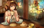  ahoge bare_shoulders blue_eyes brown_hair cake dessert detached_sleeves double_bun food fruit hair_ornament hairband headgear highres japanese_clothes kantai_collection kongou_(kantai_collection) long_hair long_sleeves looking_to_the_side mont_blanc_(food) night nontraditional_miko okitsugu plate reflection remodel_(kantai_collection) restaurant revision solo strawberry window 