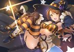  armpits ass bare_shoulders beatrix_(granblue_fantasy) breasts brown_eyes brown_hair bustier cape detached_collar detached_sleeves frills full_body granblue_fantasy halloween hat hat_ornament high_heels large_breasts legs_up long_hair looking_at_viewer luse_maonang midriff open_mouth shorts smile solo star striped striped_legwear thighhighs witch_hat 