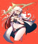  belt bikini_top commentary_request gloves guilty_gear guilty_gear_xrd halo jack-o'_valentine long_hair multicolored_hair one_eye_closed oro_(sumakaita) red_eyes red_hair solo two-tone_hair unzipped white_hair 