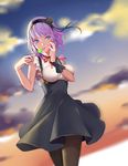  absurdres bad_id bad_pixiv_id black_legwear blouse blue_eyes breasts candy dagashi_kashi food hand_on_own_face high-waist_skirt highres large_breasts lollipop meme_attire nail_polish pantyhose purple_hair revision shidare_hotaru short_hair skirt sleeveless sleeveless_blouse solo suspender_skirt suspenders tongue tongue_out underbust virgin_killer_outfit white_blouse zhano_kun 