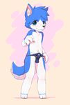  4_fingers anthro black_nose blue_eyes blue_fur blush briefs bulge canine clothing fur inner_ear_fluff male mammal navel nobusuke precum solo standing submissive underwear white_fur winterwolfy wolf young 