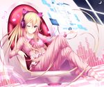  ;) absurdly_long_hair barefoot blonde_hair cat_ear_headphones chair checkered checkered_floor closed_mouth collarbone crescent_moon crossed_legs eighth_note headphones holographic_interface kyouou_ena long_hair long_sleeves looking_at_viewer moon musical_note night night_sky one_eye_closed open_hand original pajamas pink_eyes pink_ribbon ribbon saturn sitting sky smile solo striped striped_legwear toeless_legwear very_long_hair window 
