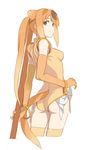  animal_ears bracelet elbow_gloves gloves golden_snub-nosed_monkey_(kemono_friends) high_ponytail holding holding_staff jewelry kemono_friends leotard looking_back monkey_ears monkey_tail ningen_(ningen96) orange_hair ponytail staff tail thighhighs weapon yellow_leotard 