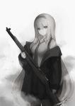  bangs black_legwear closed_mouth cowboy_shot dress_shirt expressionless girls_frontline greyscale gun gyup hair_between_eyes highres holding holding_gun holding_weapon long_hair looking_at_viewer m1_garand m1_garand_(girls_frontline) monochrome necktie rifle shirt solo suspenders very_long_hair weapon 