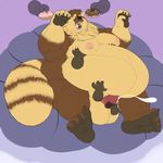  2016 4_fingers 4_toes 5_fingers anthro balls barefoot belly big_belly big_tail biped black_claws black_nose brown_fur brown_hair brown_tail claws cum cumshot digital_media_(artwork) disembodied_hand doughnut eating ejaculation eyes_closed fangs feet food fur galvinwolf glans gloves_(marking) group hair handjob hi_res holding_food holding_object humanoid_penis hyper hyper_belly male mammal markings moobs multicolored_fur multicolored_tail neck_tuft nipples nude obese open_mouth orgasm overweight overweight_male penis penis_grab pink_nipples pink_penis plantigrade raised_arm ringed_tail sex short_hair solo_focus stuffing tan_balls tan_belly tan_fur tan_tail tanuki teeth toe_claws toes tuft two_tone_fur two_tone_tail weight_gain 