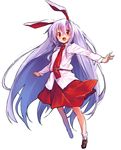  :d animal_ears bobby_socks brown_footwear bunny_ears collared_shirt full_body hair_between_eyes highres long_hair long_sleeves looking_at_viewer necktie open_mouth purple_hair red_eyes red_neckwear red_skirt reisen_udongein_inaba sawayaka_samehada shirt shoes simple_background skirt smile socks solo touhou very_long_hair white_background white_legwear white_shirt 