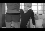 ass back between_legs blurry boxers couch curtains depth_of_field footjob footjob_over_clothes greyscale hair_over_one_eye head_out_of_frame indoors katsuki_yuuri letterboxed looking_at_another male_focus male_underwear mamemomota monochrome multiple_boys no_pants pillow sitting smile underwear viktor_nikiforov yaoi yuri!!!_on_ice 
