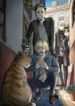  alley black_hair blonde_hair blue_eyes brown_eyes building cat cellphone fingerless_gloves glasses gloves green_eyes hood hoodie katsuki_yuuri male_focus mamemomota multiple_boys open_mouth otabek_altin phone plant potted_plant scarf silver_hair smartphone smile squatting viktor_nikiforov yuri!!!_on_ice yuri_plisetsky 