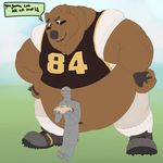  2016 ?! anthro bear belly biceps big_belly black_claws black_eyes black_lips black_nose blush brown_belly brown_eyes brown_fur claws clothed clothing dialogue digital_media_(artwork) duo empty_eyes english_text eyebrows face_paint food football_player football_uniform footwear fur galvinwolf hands_on_hips hi_res holding_food holding_object human hyper hyper_belly jersey larger_male lips male mammal muscular muscular_male navel nervous obese overweight overweight_male sandwich_(food) shoes size_difference smaller_male speech_bubble standing sweat sweatdrop text uniform zoober 