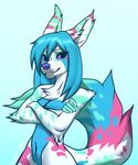  2016 5_fingers angiewolf anthro blue_hair breasts canine featureless_breasts gradient_background hair mammal purple_nose simple_background smile standing wide_hips 