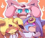  azelf blue_eyes blush eyes_closed hat legendary_pok&eacute;mon mesprit multi_tail nettsuu nintendo open_mouth orange_background pok&eacute;mon red_eyes simple_background smile uxie video_games white_body 