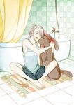  ^_^ bathroom bathtub closed_eyes dog hair_brush hug makkachin male_focus mamemomota open_mouth ponytail rug shorts shower_curtain silver_hair sitting smile tank_top teenage tongue tongue_out viktor_nikiforov younger yuri!!!_on_ice 