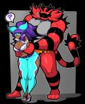  aurora_(hypnofood) biceps big_breasts black_stripes breasts brown_skin choker cleavage clothed clothing crop_top fangs feline female feral footwear fur grey_fur hair hair_bow hair_ribbon high_heels human hypnofood incineroar larger_male licking licking_lips long_hair male mammal midriff multicolored_fur muscular muscular_male navel navel_piercing nintendo pants piercing pok&eacute;mon pok&eacute;mon_(species) ponytail purple_hair red_fur ribbons shirt shoes size_difference smaller_female smile striped_tail stripes tongue tongue_out video_games yellow_eyes 