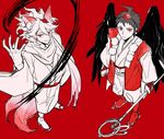  ahoge animal_ears bangs black_feathers brown_hair claws danganronpa feathered_wings fox_ears fox_tail hat highres hinata_hajime japanese_clothes kimono kitsune komaeda_nagito leaf leaf_on_head looking_at_viewer male_focus multiple_boys multiple_tails nb5591 red_background red_eyes sandals scarf short_hair smile super_danganronpa_2 tail tengu tokin_hat torn_scarf wide_sleeves wings yukata 