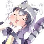  :3 ? animal_ears blush bow bowtie cheek_squash closed_eyes commentary_request common_raccoon_(kemono_friends) eyebrows_visible_through_hair fennec_(kemono_friends) fur_collar gloves gradient_hair green_hair hand_on_another's_arm hand_on_another's_cheek hand_on_another's_face happy highres kemono_friends long_sleeves makuran multicolored_hair multiple_girls open_mouth puffy_cheeks puffy_sleeves raccoon_ears raccoon_tail short_hair short_sleeves simple_background skirt smile speech_bubble tail translated two-tone_hair wavy_mouth white_background 