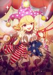  american_flag_dress bangs blonde_hair clownpiece double_v embellished_costume fairy_wings hat highres jester_cap long_hair looking_at_viewer neck_ruff no-kan open_mouth petticoat pink_eyes polka_dot smile solo sparkle star star_print striped touhou v very_long_hair wavy_hair wings 