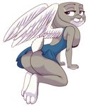  2017 :3 akiric anthro breasts butt clothed clothing disney dress feathered_wings feathers feet female judy_hopps lagomorph leaning leaning_forward looking_back mammal pinup pose purple_eyes rabbit rear_view simple_background smile solo upskirt white_background wings zootopia 