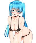  baretto_(karasi07) bikini black_bikini blue_eyes blue_hair blush breasts cleavage hatsune_miku highres leaning_forward long_hair looking_at_viewer medium_breasts open_mouth solo swimsuit twintails very_long_hair vocaloid white_background 