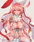  ahoge blue_eyes blush breasts cleavage commentary_request curvy elphelt_valentine guilty_gear guilty_gear_xrd heart heart-shaped_pupils huge_ahoge large_breasts lingerie looking_at_viewer navel oro_(sumakaita) panties pink_hair short_hair simple_background skindentation solo symbol-shaped_pupils underwear 