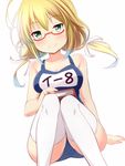  blonde_hair blue_eyes book breasts glasses i-8_(kantai_collection) kantai_collection large_breasts low_twintails name_tag one-piece_swimsuit red-framed_eyewear school_swimsuit semi-rimless_eyewear sitting solo swimsuit thighhighs twintails under-rim_eyewear white_legwear yuzu_tama 